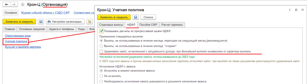 Рис. 6. Настройка учетной политики. Закладка НДФЛ